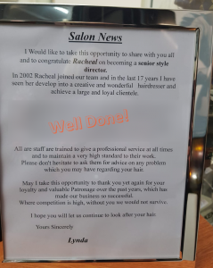 Notice for the promotion of Racheal to Senior Style Director at the Edge Hair Salon in South Liverpool